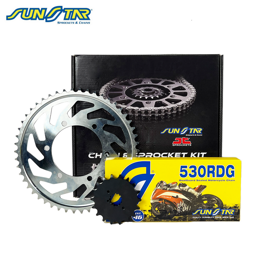 ZİNCİR DİŞLİ SETİ HONDA CB 900F HORNET (900 cc)  (2001-2007) / HONDA / CB 900F HORNET / 900cc / ZİNCİR: SUNSTAR 530RDG (Çelik)-114 / ÖN DİŞLİ: SUNSTAR (16T) / ARKA DİŞLİ: JT (43T) / 2001-2002-2003-2004-2005-2006-2007