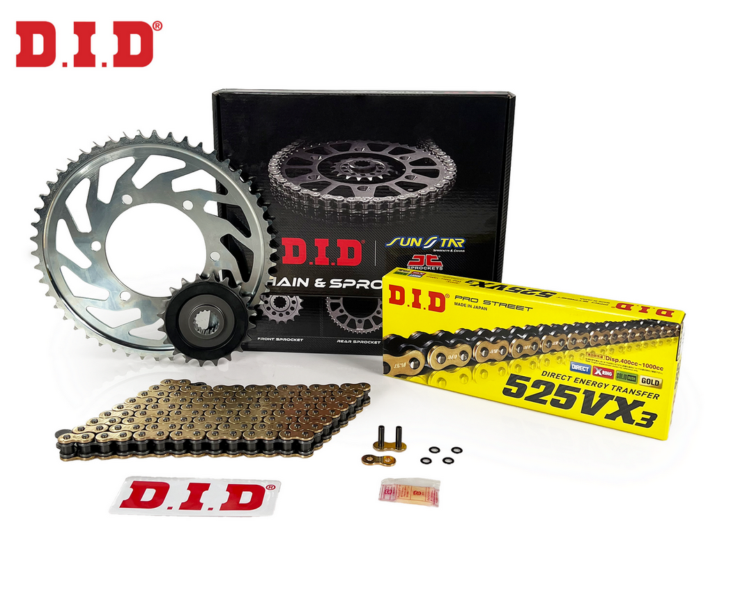 ZİNCİR DİŞLİ SETİ - TRIUMPH THRUXTON (865 CC) - (2004-2015) / TRIUMPH / THRUXTON / 865cc / ZİNCİR : DID-525VX3 (GOLD)-104 / DİŞLİ : (18T -43T)  / 2004-2005-2006-2007-2008-2009-2010-2011-2012-2013-2014-2015